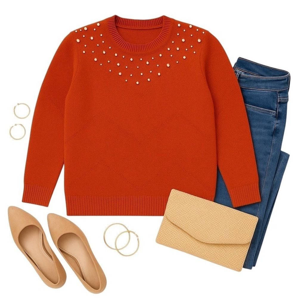 BloomChic Rust Orange Pearl Embellished Crewneck Sweater Women's Size 10 Fall